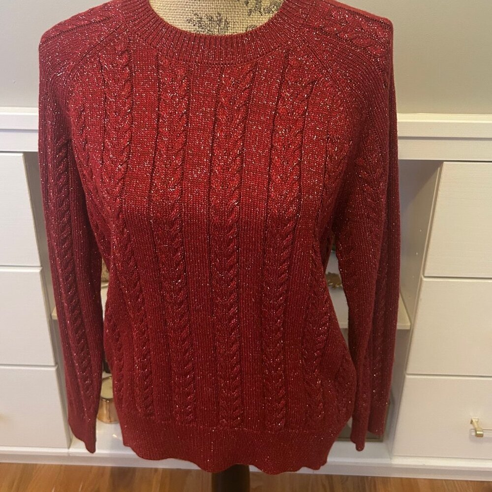 Athleta Crossroads Crewneck Cable Knit Red Metallic Holiday Sweater XS